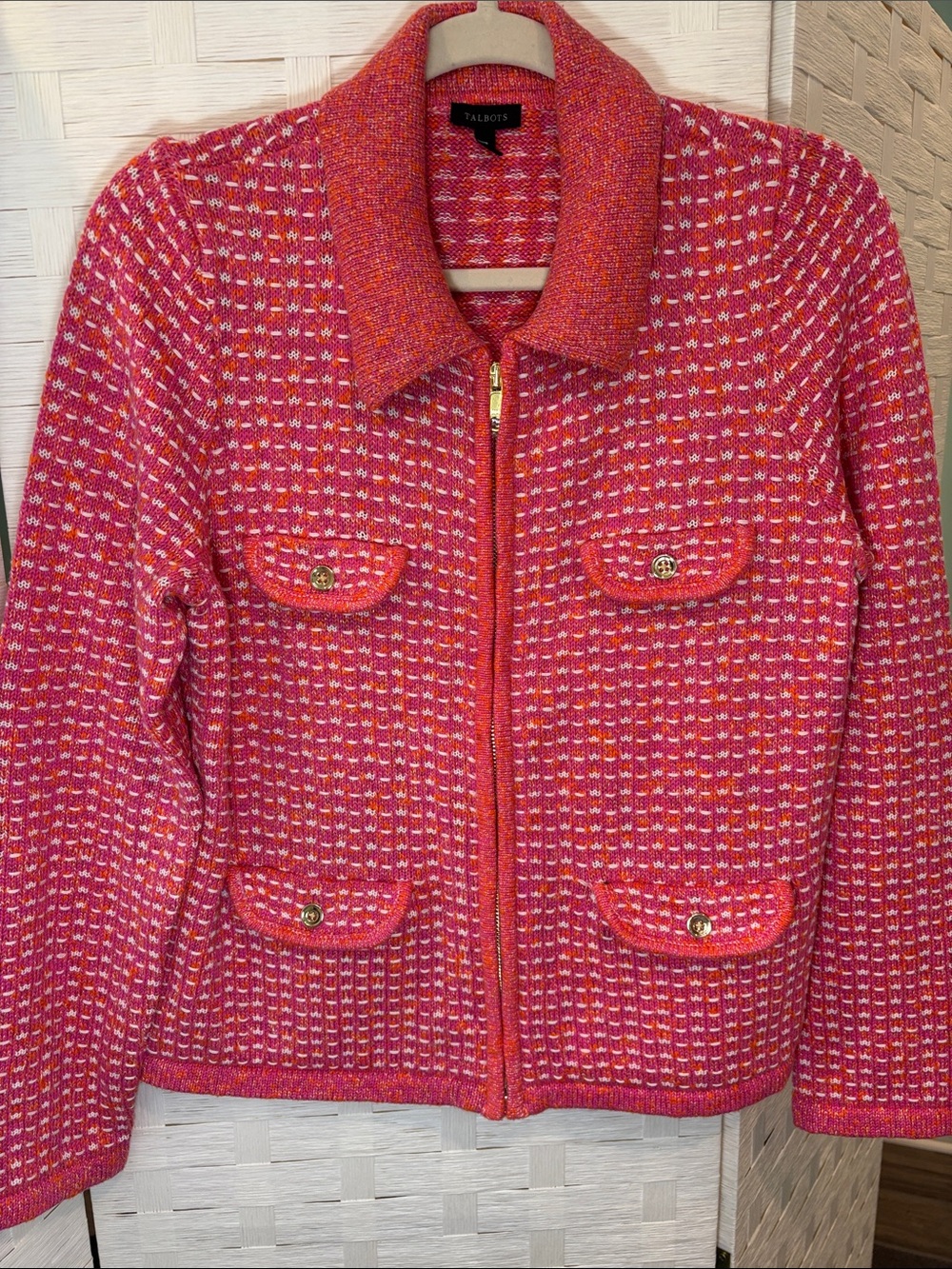 Talbots Pink & Coral Tweed Zip-Front Sweater Jacket/ Cardigan